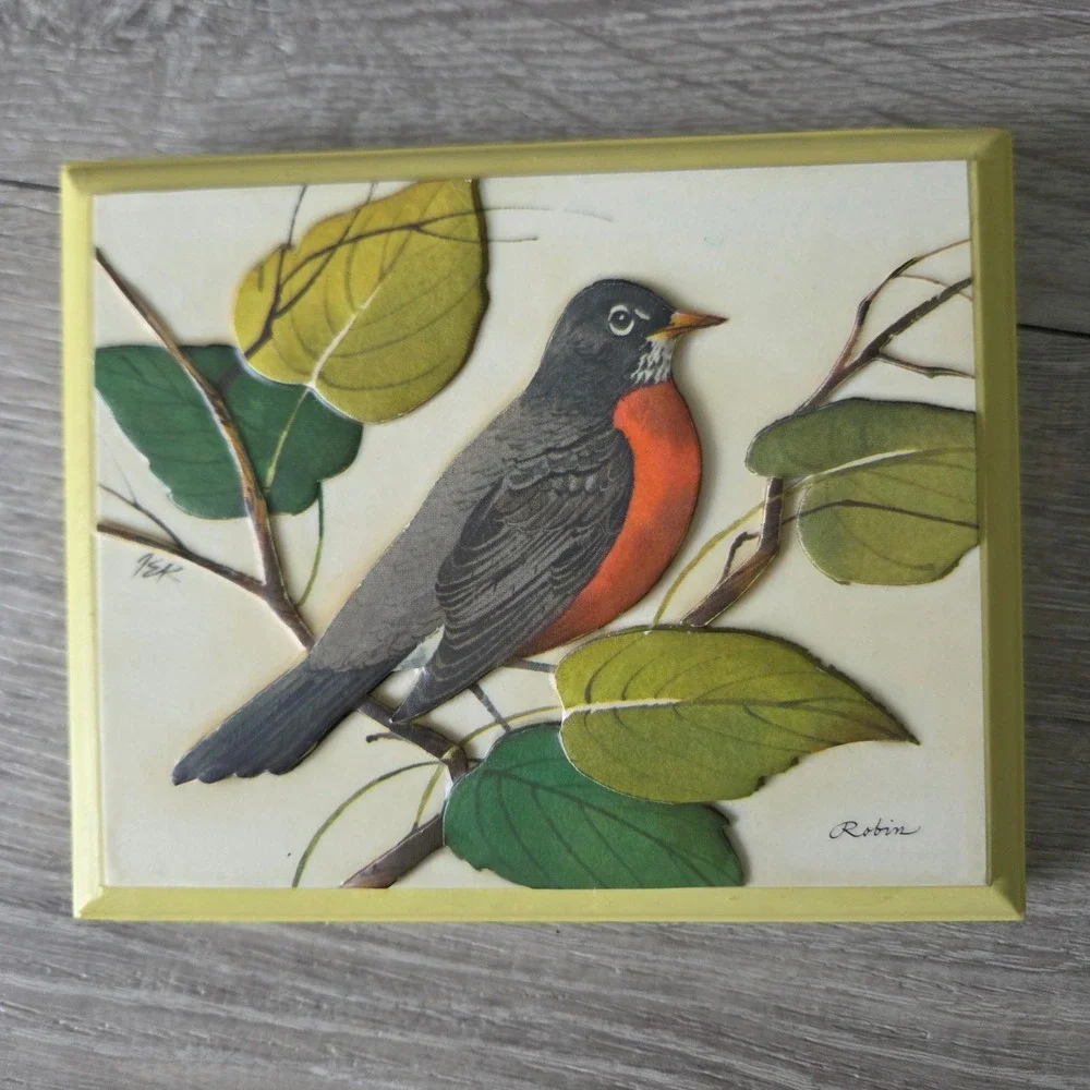 Vintage 1973‎ 3D Paper Tole Bird Wall Art Set 4 Wood Plaques Yellow Cottagecore